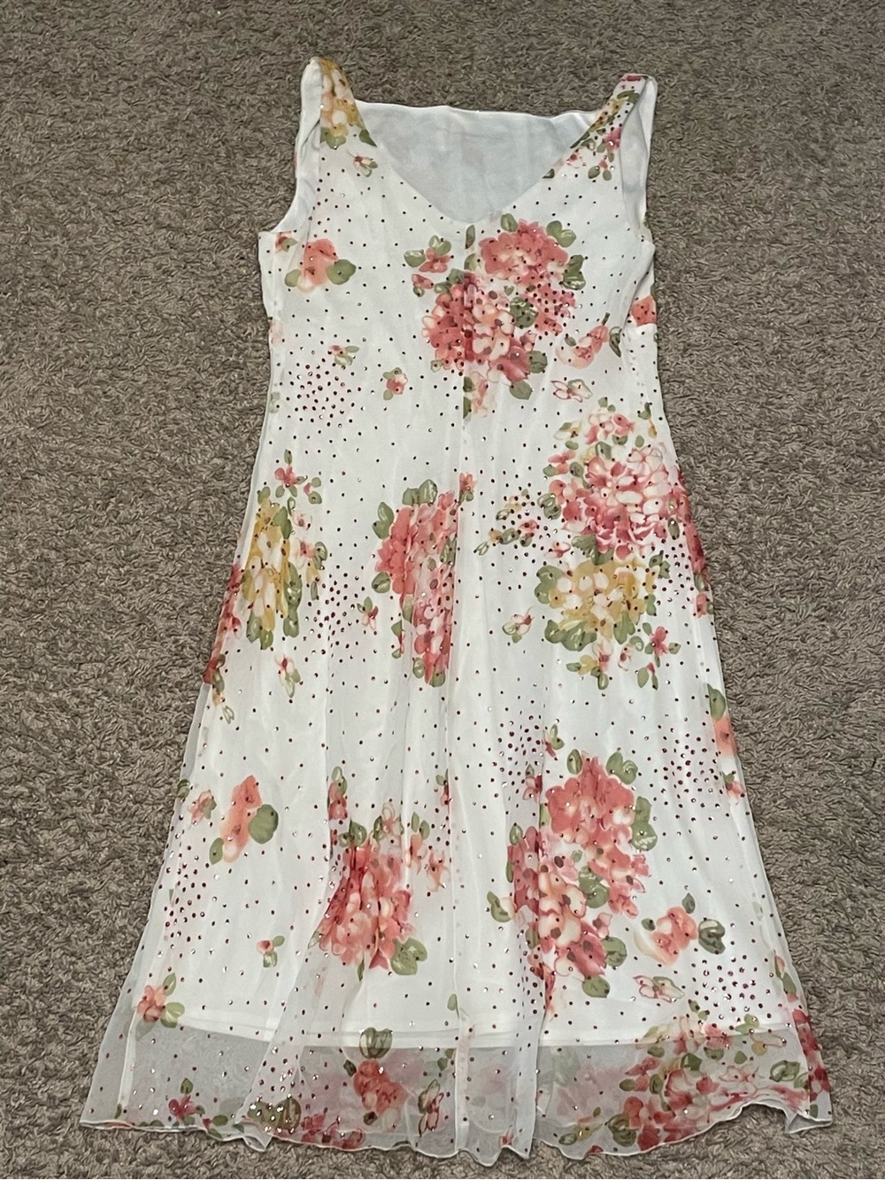 White Floral A-Line Dress with Pink & Green Blooms